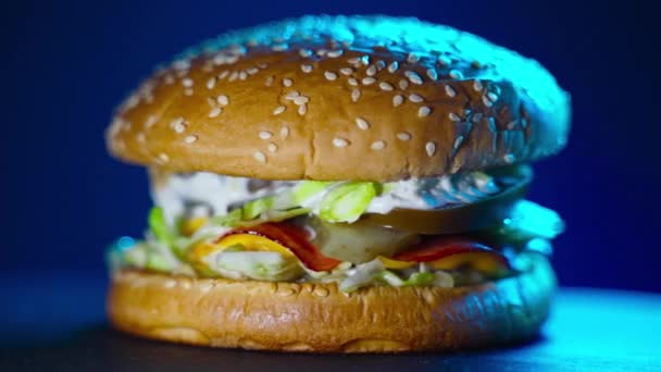 Forgó Rusztikus Hamburger Neon Háttérvilágítással — Stock videók