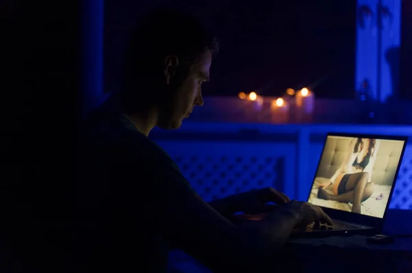 Man Chatting Webcam Model Late Night — Stock Photo, Image