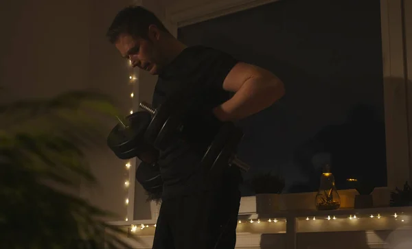 Man Doing Exercises Dumbbells Home — Stock Photo, Image