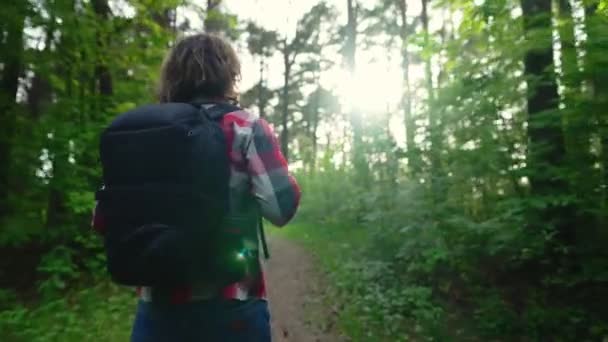 Hombre Con Mochila Caminando Por Bosque — Vídeo de stock