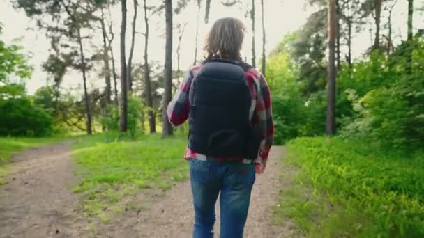 Homme Avec Sac Dos Marchant Dans Forêt — Video