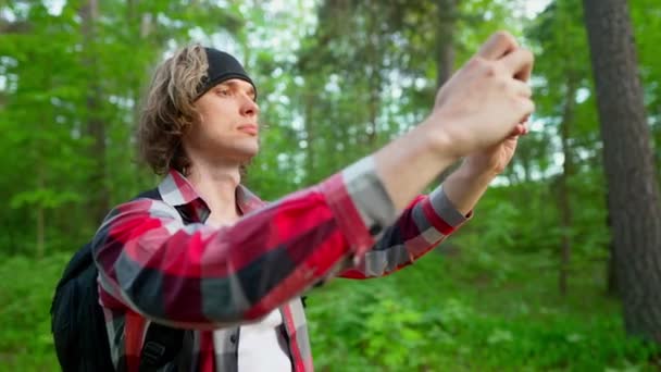 Man Doing Selfie Smartphone Forest — Stock Video
