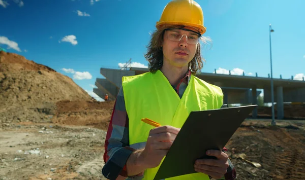 Builder Documents Background Road Junction Construction Site — Stock Photo, Image