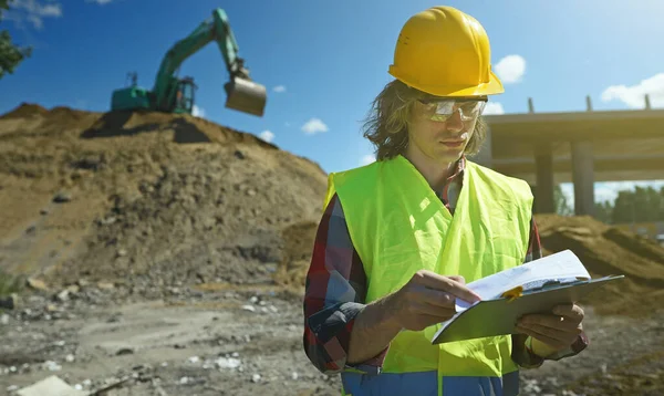 Builder Documents Background Road Junction Construction Site — Stock Photo, Image
