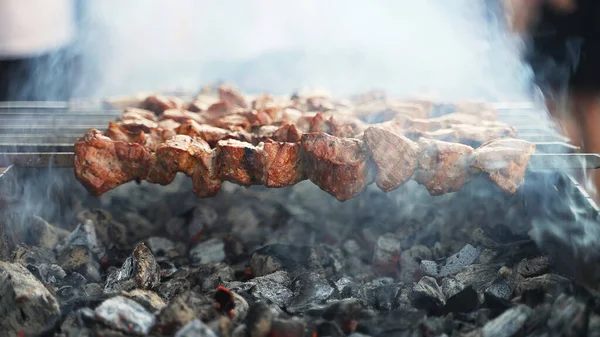 Grilovaný Hovězí Shashlik Špejlích Pouliční Jídlo — Stock fotografie