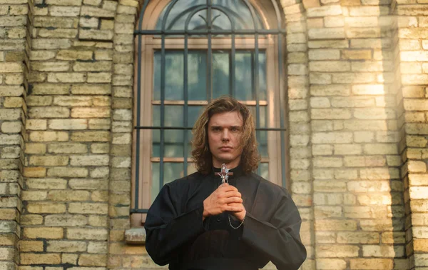 Christian Priest Cross Standing Church — Stock Photo, Image