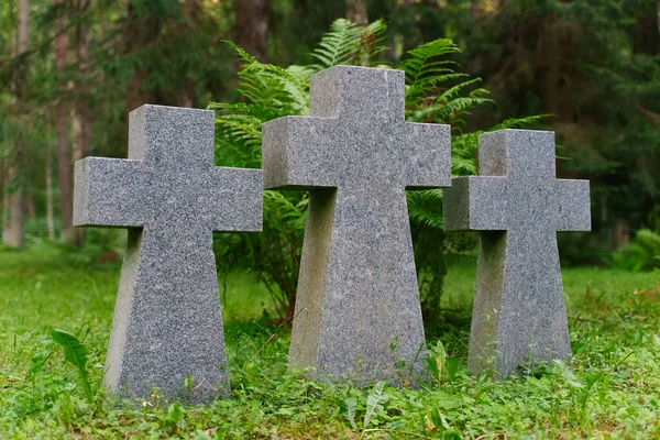 Tre Stenkors Kyrkogård Skogen — Stockfoto