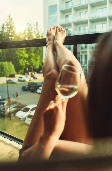 Woman Enjoying White Wine Balcony — 图库照片