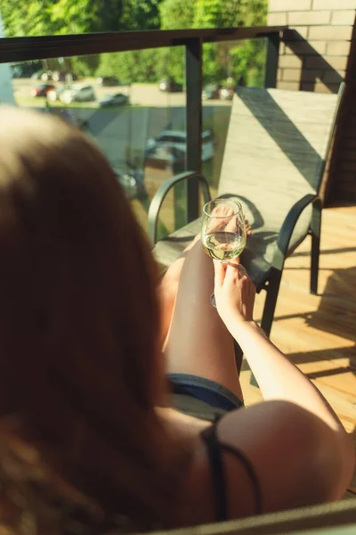 Woman Enjoying White Wine Balcony — 스톡 사진