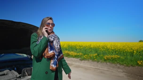 Frau Neben Kaputtem Auto Ruft Hilfe — Stockvideo