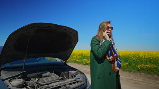 Frau Neben Kaputtem Auto Ruft Hilfe — Stockvideo