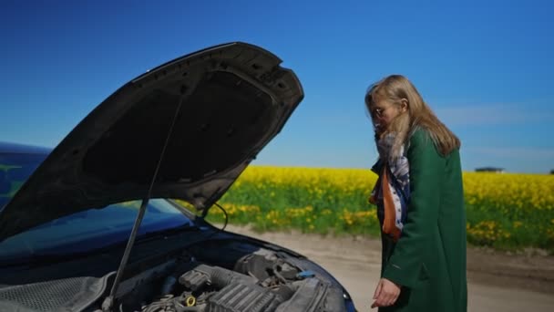 Γυναίκα Κοντά Σπασμένο Αυτοκίνητο Καλώντας Για Βοήθεια — Αρχείο Βίντεο