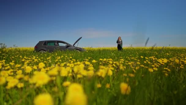 Bozuk Arabanın Yanındaki Kadın Yardım Istiyor — Stok video