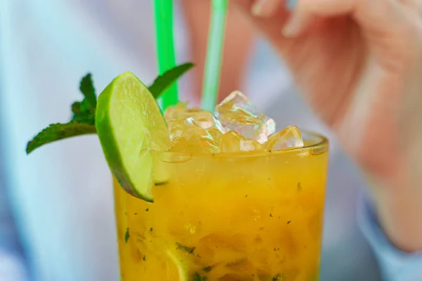 Woman Holds Delicious Handmade Lemonade Lime — Stock Photo, Image