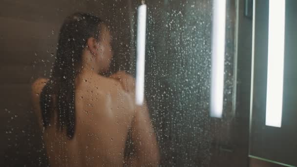 Woman Washing Herself Shower Glass — Stock Video