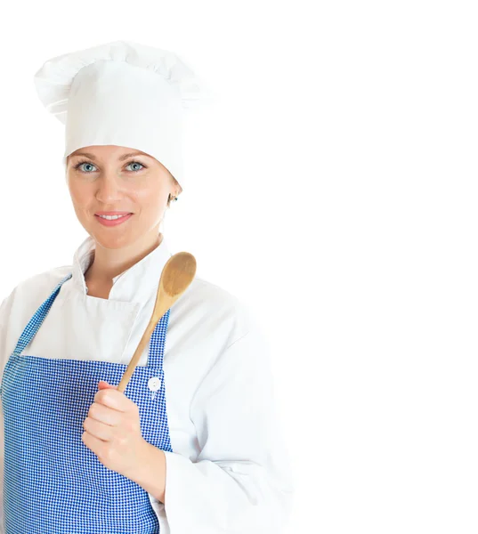 Porträtt av kvinnliga kock kock. isolerade på vit bakgrund. utrymme för din text. — Stockfoto