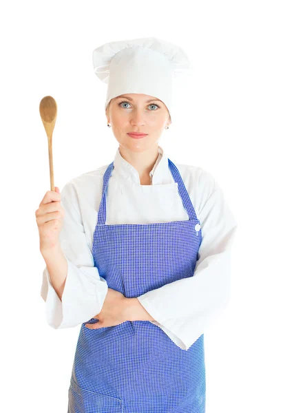 Portret van vrouwelijke chef kok. geïsoleerd op witte achtergrond. — Stockfoto