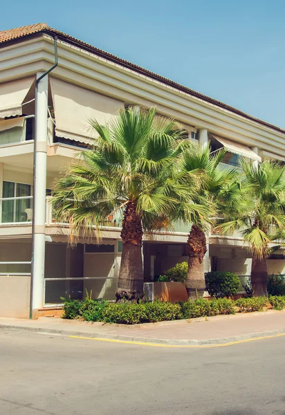 Portrait of tropical apartment building with palms. — Stock Photo, Image