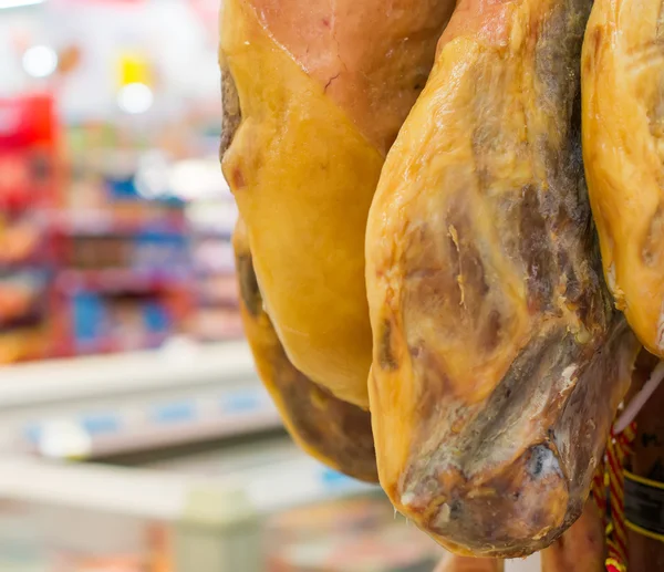 Close-up view of spanish hamon in supermarket. — Stock Photo, Image