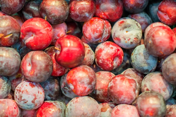 Lots of unwashed plums in supermarket. — Stock Photo, Image