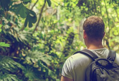 Tourist with backpack in the jungle. Vintage effect. Space for your text. clipart