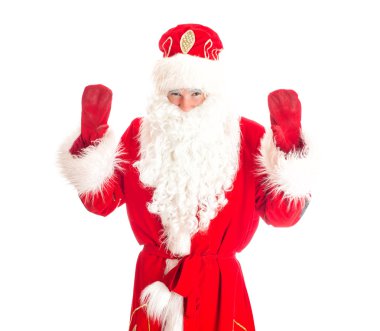 Noel Baba sizleri ağırlamaktadır. Beyaz izole.