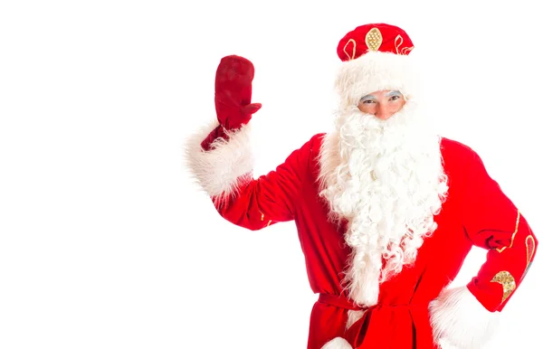 Santa Claus te da la bienvenida. Lugar para tu mensaje. Aislado sobre blanco . — Foto de Stock