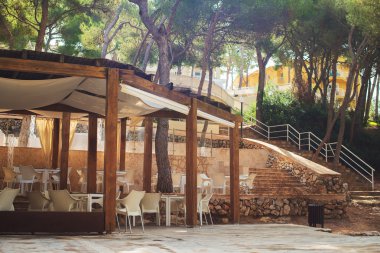 Ormanda beyaz sandalye sahip kafe.