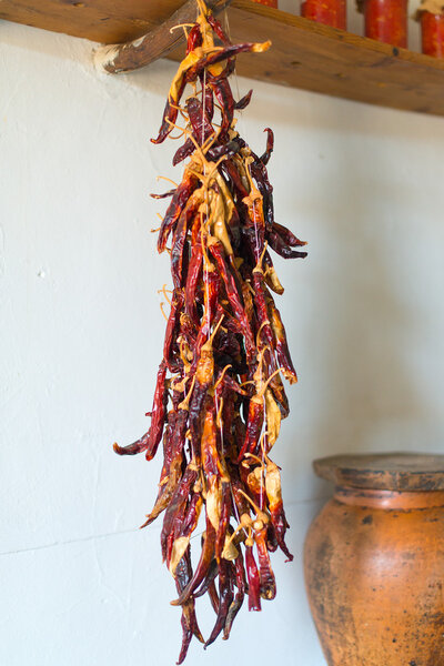 Bunch of dried red chili peppers.