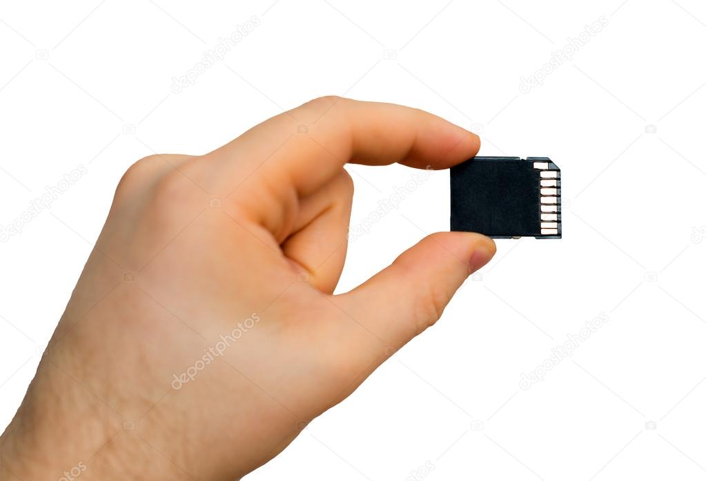 Male hand holding SD card on white background.