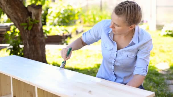 Mujer con pincel pintando muebles de madera . — Vídeos de Stock