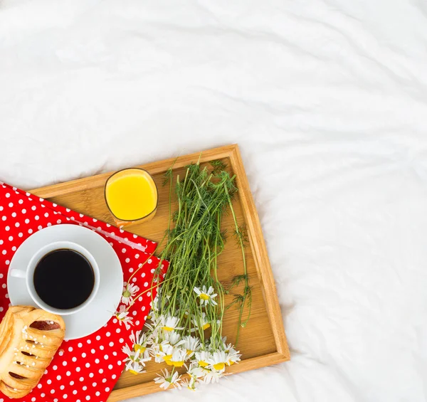Breakfast in bed. Top view. Place for text. — Stock Image Breakfast in bed. Top view. Place for text. Stock Picture