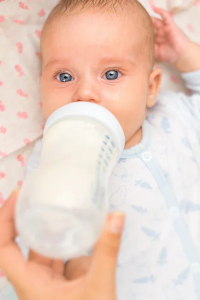 Mother feeding newborn baby from the bottle. Stock Photo