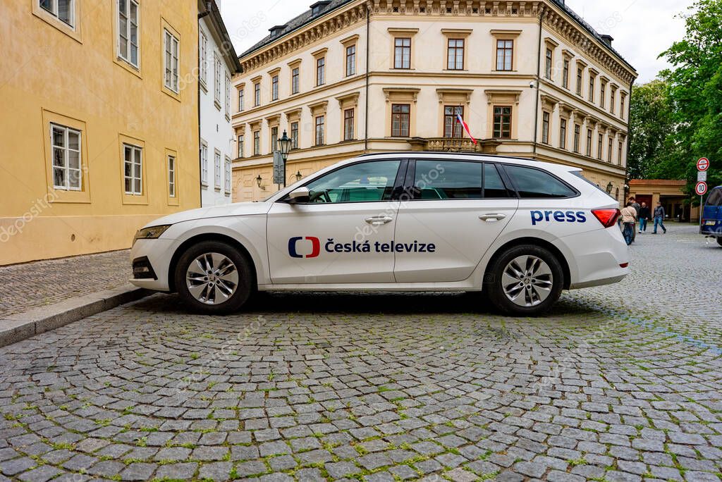 Prague, Czech Republic - 08.05.2025: Skoda car with Czech Television logo.