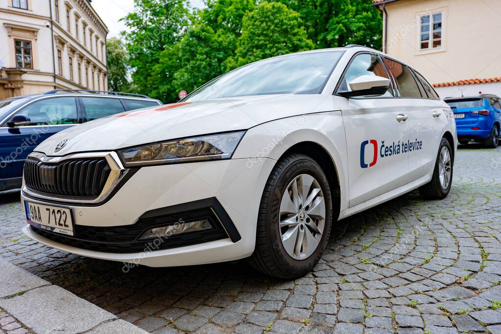 Prague, Czech Republic - 08.05.2025: Skoda car with Czech Television logo.
