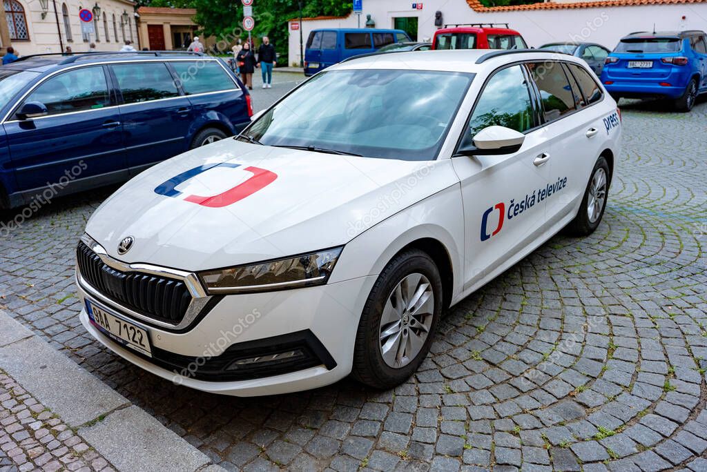 Prague, Czech Republic - 08.05.2025: Skoda car with Czech Television logo.