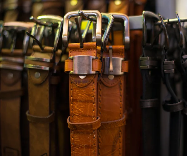 Leather belts collection in the store. — Stock Photo, Image