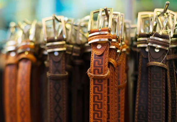 Leather belts collection in the store. — Stock Photo, Image