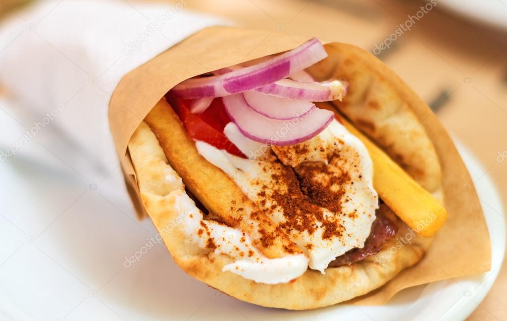 Close-up of greek Pita Gyros.