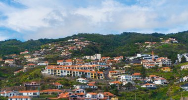 Yeşil dağ yamaçlarında geleneksel evler.