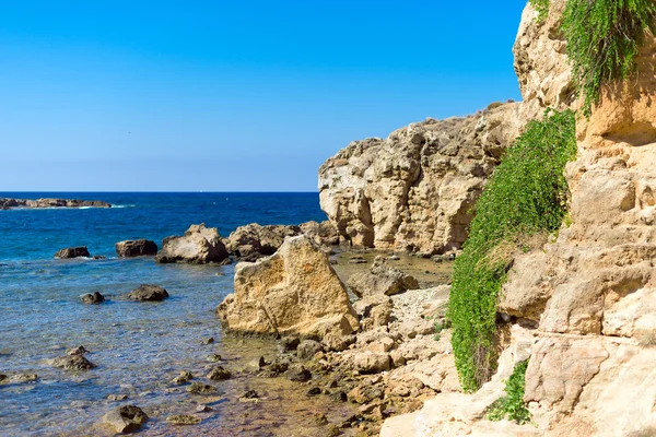 Middellandse Zee met groene rotsachtige strand. — Stockfoto