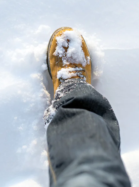 Bota masculina na neve no inverno . — Fotografia de Stock