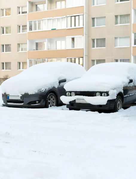 Coches cubiertos de nieve en la calle en invierno . —  Fotos de Stock