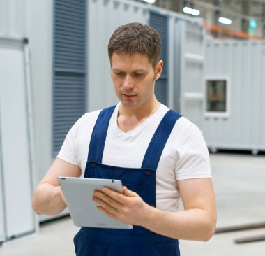 Tablet pc inşaat sahasında ile yakışıklı Danışmanı.