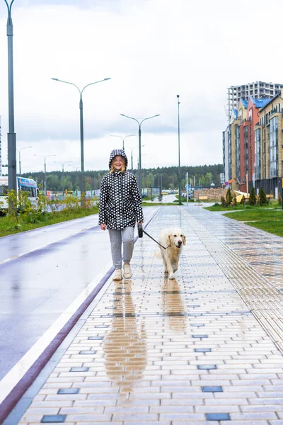 Pandemia koronawirusów w mieście. dziewczyna spacery złoty pies retriever wzdłuż pustych ulic — Zdjęcie stockowe