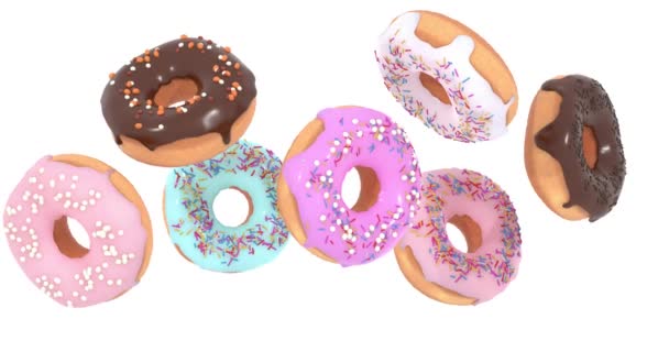 Летящие пончики - смесь разноцветных сладких пончиков с брызгами на белом фоне изолированы. 3d анимация — стоковое видео