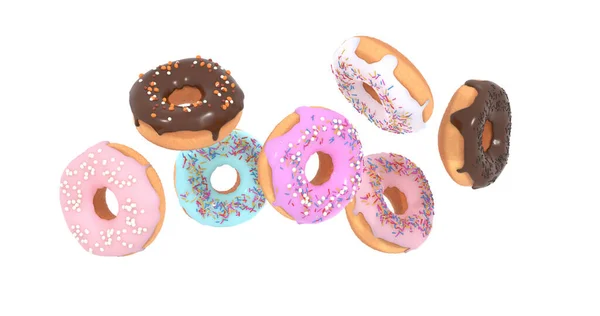 Vliegende donuts - mix van veelkleurige zoete donuts met hagelslag op witte achtergrond geïsoleerd. 3d — Stockfoto