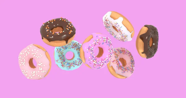 Vliegende donuts - mix van veelkleurige zoete donuts met hagelslag op roze achtergrond geïsoleerd. 3d — Stockfoto