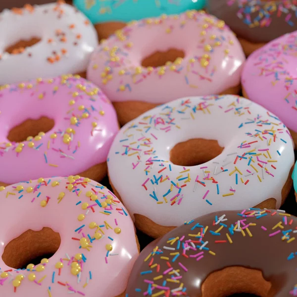 Foto van diverse donuts met chocolade mat, roze geglazuurd en hagelslag donuts — Stockfoto