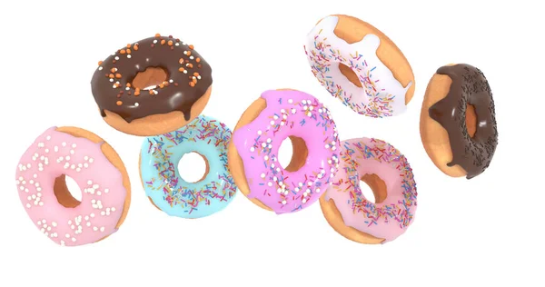 Donuts voadores - mistura de donuts doces multicoloridos com polvilhas no fundo branco isolado. 3d — Fotografia de Stock